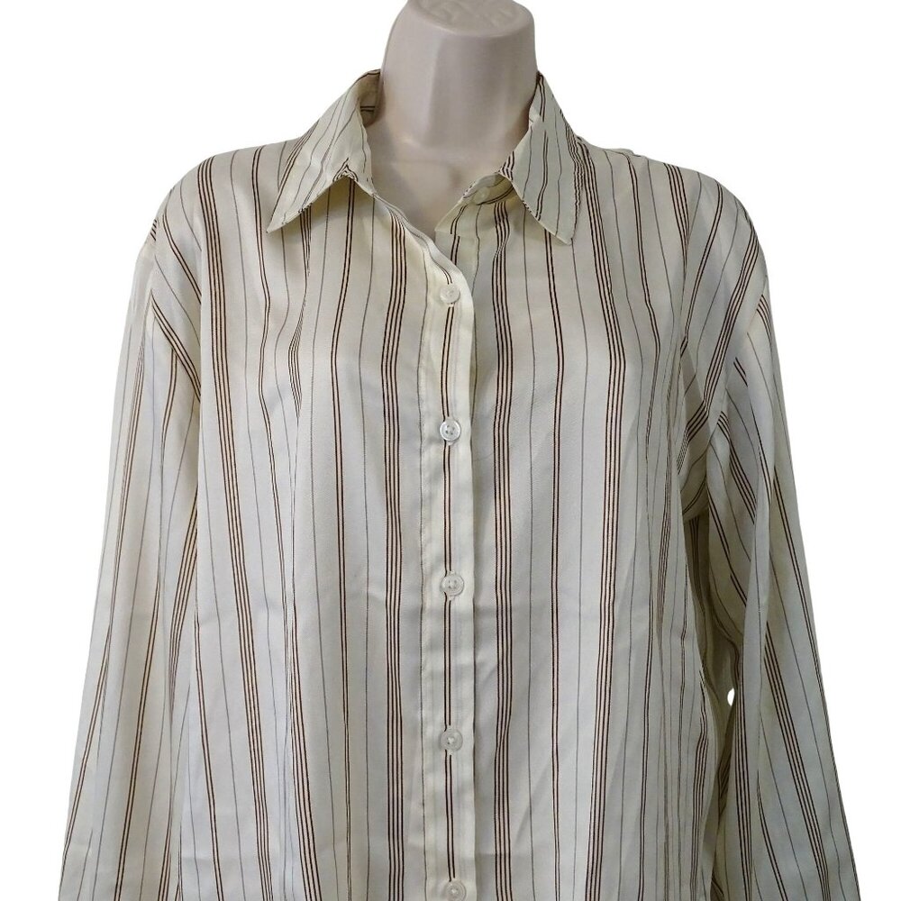 Banana Republic Classic Perfect Silky Shirt Stripe Button Up Brown Size M NEW - Picture 3 of 13